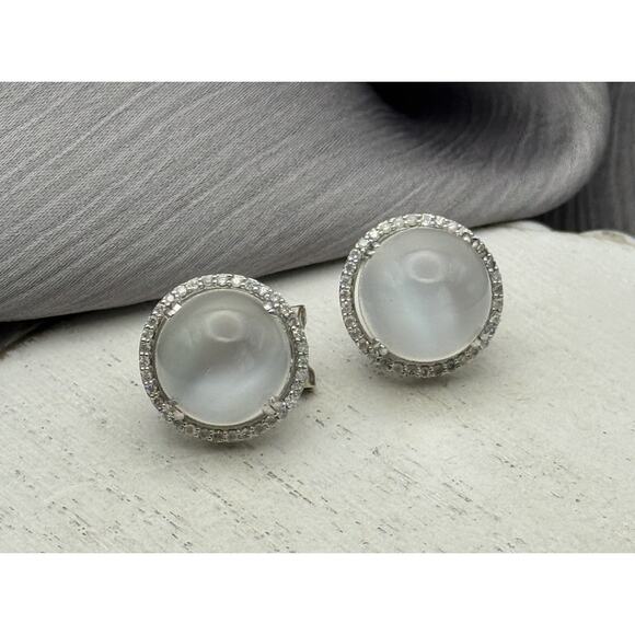 14k White Gold White Chalcedony & Diamond Omega Earrings 8.25G / 14mm